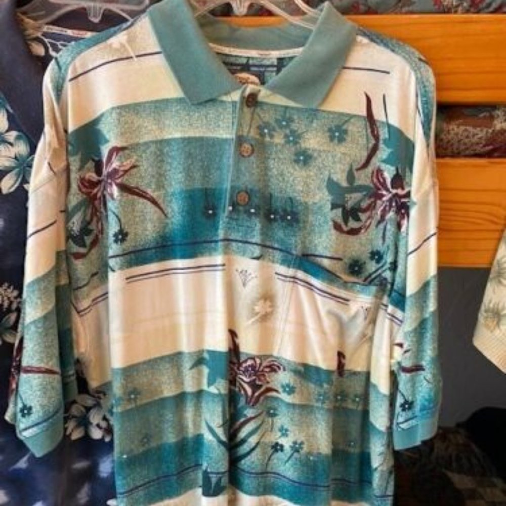TOMMY BAHAMA * 3-button s/s GREEN IVORY WINE Polo shirt * CHEST POCKET * sz L